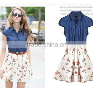 2015 New Arrival New Style Fashion Women Real Comfort Clothing Denim Matching Printing is One-piece Chiffon Dresses East thumbnail-4