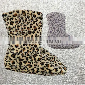 Ladies Non Slip SLIPPER Boots Leopard Faux Fur Indoor Warm Furry Slipper Boots thumbnail-1