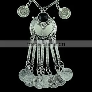 2016 New Fashion Gypsy Bohemian Boho Jewelry Antique Silver Tassels Long Carving Coins Necklace For Women thumbnail-5
