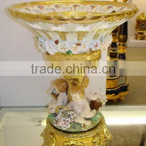 Lovely Cherubim Flower Pot, Hand Painting Ceramic Gold Flower Bowl With Elegant Flowers Mounted thumbnail-1