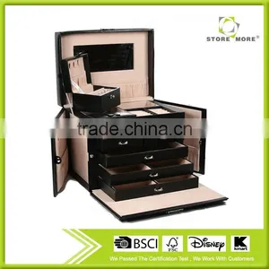 Black Luxurious Leather Jewelry Ring Earring Box Case With Mirror & Lock Leather Jewelry Box thumbnail-2