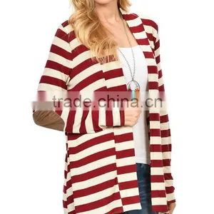 OEM Latest Designs Multi-color Women Fashion Stripe Elbow-Patch Open Front Cardigan Sweaters thumbnail-2