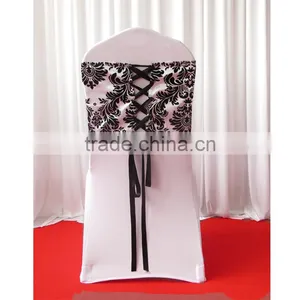 White & Black Flocking Taffeta Chair Sash/Band With Tie/Tape/Ribbon at Back thumbnail-2