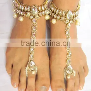 Crystal Pearls PAYAL Anklets Pair Toe Ring BAREFOOT SANDAL thumbnail-2