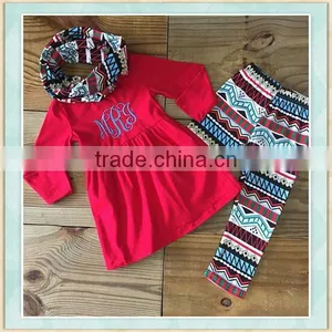 Wholesale Baby Girls Clothes Scarf Red Embroidery Long Sleeve Top and Pattern Pant thumbnail-1
