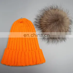 2016 Girls Winter Knitted Fur Bobble Hat With Big Genuine Raccoon Fur Bobble thumbnail-6