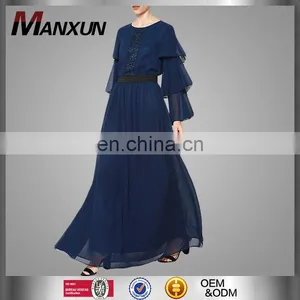 New Arrival Navy Blue Ruffled Sleeves Muslim Women Clothing Chiffon Maxi Dress thumbnail-1