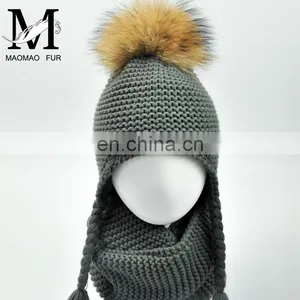Kids Customized Design Wool Collar Raccoon Fur Pom Cashmere Knitted Hat and Scarf thumbnail-4