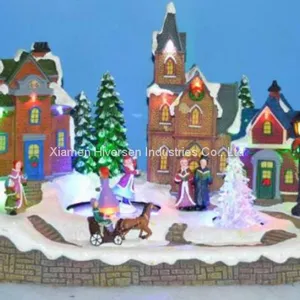Polyresin Christmas Decoration 11“ Fiber Optic Church With Rotating Tree and Skating Childs, Eight Songs Music thumbnail-2