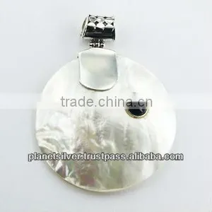 Shell Disc Pendant Fancy Black Agate Gemstone Sterling Silver thumbnail-1