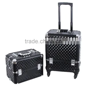 Aluminum Rolling Makeup Case 2 in 1 Cosmetic Artist Train Case Beauty Salon Organizer 4 Wheels Lift Handle thumbnail-5