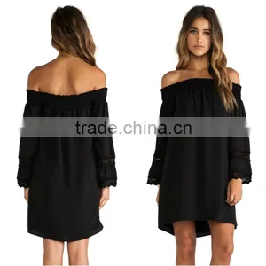 Off-shoulder Short Puffy Dress With Long Bell Sleeves With Crochet Trim thumbnail-1