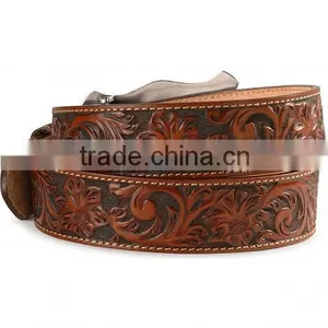 Western Cowboy Style Floral Emboss Black Genuine Leather Longhorn Buckle Belt thumbnail-4