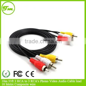 10m 33ft 3 RCA to 3 RCA's Phono Video Audio Cable Lead 10 Metre Composite Wire thumbnail-1