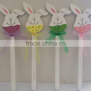 Wood Easter Deco Wooden Rabbit With Ribbon Stick Decoration , Beautiful Garden Rabbit Yard Stake thumbnail-1
