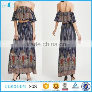 Multicolor Vintage Print off Shoulder Two Piece Set Boho Ruffle Top and Long Skirt thumbnail-1