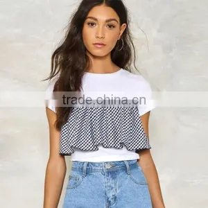 Mixed Fabric & Cotton Women Short Sleeve T-Shirts Different Size for Choice & False Two Piece Patchwork Plaid Black 85844 thumbnail-3