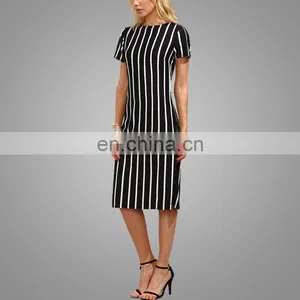 Elegant White and Black Vertical Striped Dress Short Sleeves Midi Dress thumbnail-2