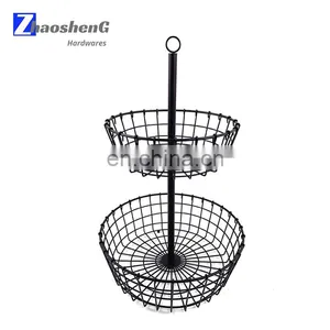 Modern Counter Top Round Fruit Basket 2 Tier Fruit Basket Metal Wire Banana Hanger Desktop Fruit Vegetable Basket thumbnail-1