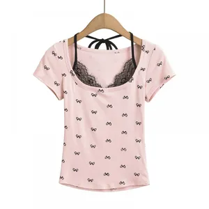 French-style Casual T-shirt With Floral Lace Trim and Bow Detailing, Featuring a Strapless Design and Short Sleeves. thumbnail-3