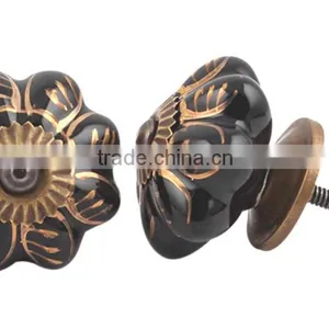 Golden Touch Black Base Flower Look Hand Painted Ceramic Knob With Metal Fittings - 1.5 Inch Dia. thumbnail-1
