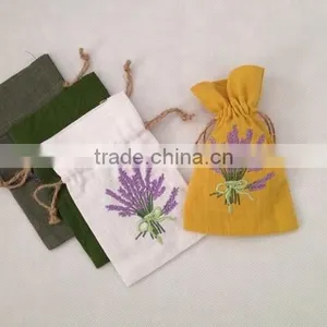 Cotton Linen Embroidery Lavender Drawstring Bags With Silk Ribbon thumbnail-3