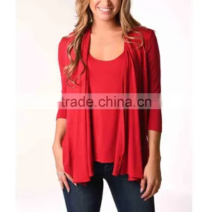 OEM Women Fashion Long Sleeve Red Layered Cardigan Without Hooded Open-Front Cardigan Without Buttons Plain Dyed Cotton Cardigan thumbnail-1