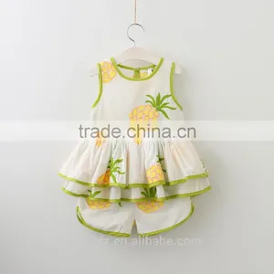 Lotus Leaf Pineapple Embroidery Sleeveless Little Vest Shirt Shorts Pant Set for Lovely Gorl Wholesale thumbnail-1