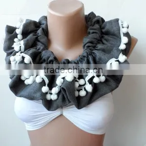 Scarf,Gray Loop Scarf, Ruffle Scarf, Gray Infinity Scarf, Circle, Gray Pashmina,Christmas Scarfs, Pompom Scarf, Fashion,cowl Sca thumbnail-4