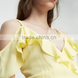 2017 Plain-coloured Cut Out Shoulder Sexy V-neck Women Ruffled Jumpsuit thumbnail-3