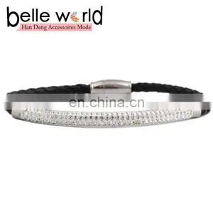 Fashion Leather Braid Titanium Steel Bracelet With Rhinestone thumbnail-2