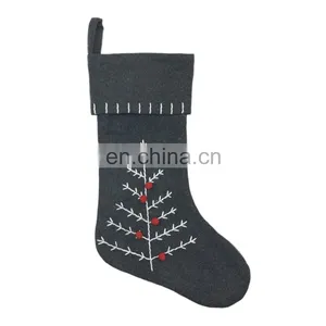 Wholesale Decorative Gray Herringbone Embroidery Linnet and Pine Branches Christmas Socking for Christmas thumbnail-5