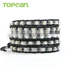 Topearl Jewelry 2016 Popular Freshwater Pearl Hematite Bracelet Woven Leather Wrap Bracelets for Women 33.5 Inches CLL132 thumbnail-1