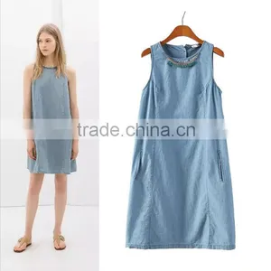 2014 New Design Ladies Sleeveless Denim Dress Women Light Bule Denim Jeans Dress Quality Choice thumbnail-1