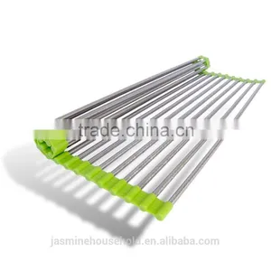 High Quality Over the Sink Multipurpose Roll Up Stainless Steel Silicone Dish Drying Rack thumbnail-5