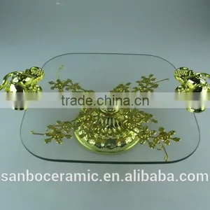 Hanging Crystals Cake Stand, Rectangle Golden Glass Cake Plate With Footed and Handle thumbnail-1