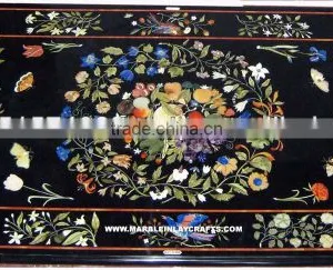 Black Marble Inlay Fine Table Top Inlay Marble Coffee Table thumbnail-1