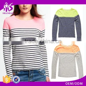 2016 Guangzhou Shandao High Fashion Design Autumn Long Sleeve Round Neck Striped Printed Cotton Ladies Elastic Hem Tops thumbnail-1