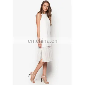 Fashion Ladies Clothes Latest Design Pleat Hem Sleeveless White Women Dress thumbnail-3