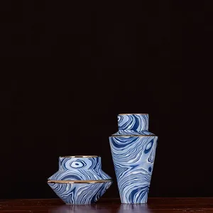 Electroplate Chinese Modern Simple Blue White Stripe Ceramic Vase Art For Living Room thumbnail-2