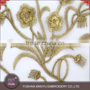 East Fashion Organza Water Soluble Lace Embroidery Fabric on Chiffon With Gold Thread for Dress thumbnail-2