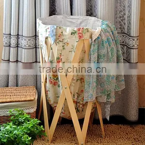 High Quality Round Home Foldable Laundry Storage Basket With Wood thumbnail-1