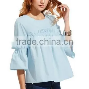 Women's Bell Sleeve Ruffle Trim Round Neck Pleated Blouse thumbnail-1