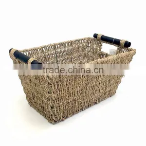 Tapered Seagrass Basket With Wooden Handles. Home Kitchen Storage Basket thumbnail-1