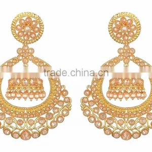 BIG Crystal Gold Tone Chand Bali JHUMKA DANGLER EARRINGS thumbnail-1