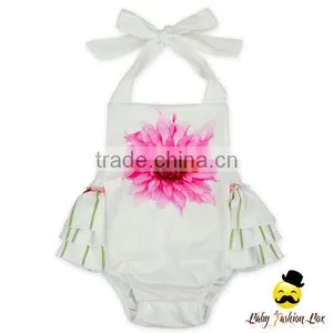 Summer Infant Fairy Clothes Plant Blank White Flower Printed Halter Ruffle Design Newborn Baby Girl Dressy Floral Romper thumbnail-1