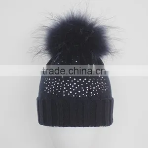 Myfur Navy Knitting Beanie Hat With Stones Real Raccoon Fur Ball Top For Teenager Boys thumbnail-1