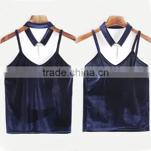 Velvet V-neck Top With Choker, Ladies Sexy Tank Top thumbnail-6