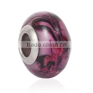 Lampwork Glass European Style Large Hole Beads Round Red Brown Pattern With 304 Stainless Steel Silver Tone Core thumbnail-1