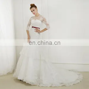 EBX-129 Round Neckline 3/4 Sleeve Red Belt Sash Two Layer Lace Skirt Princess Bridal Wedding Dress thumbnail-1